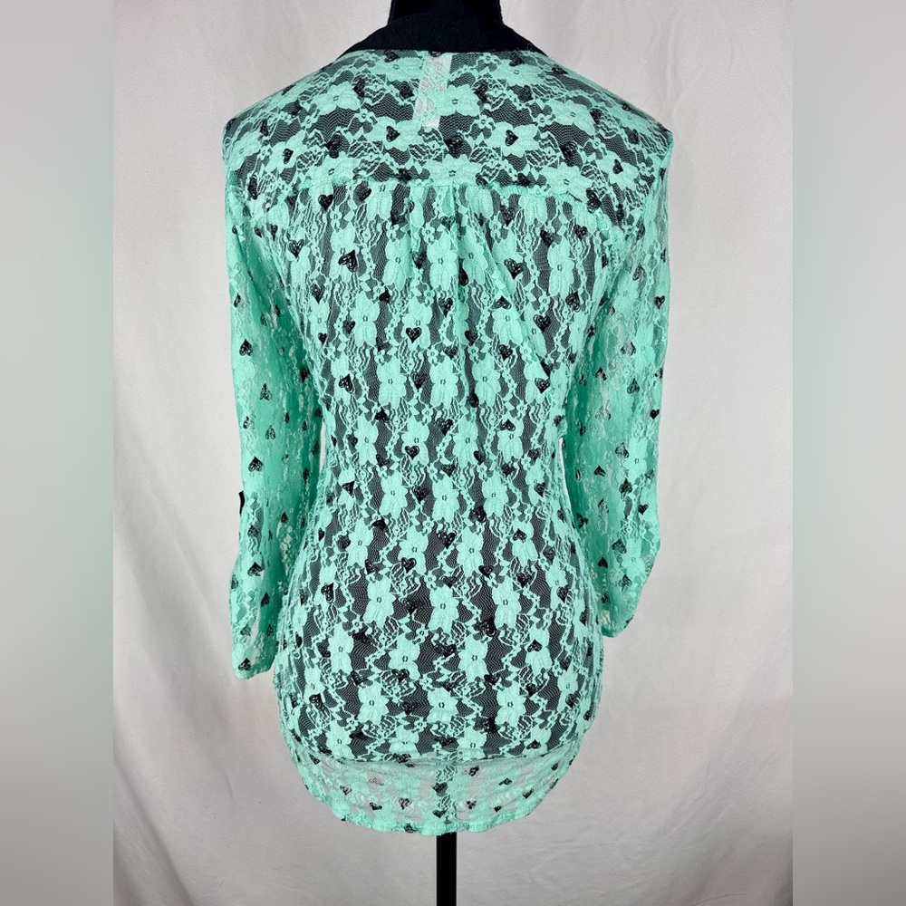 No Boundaries Mint Green Lace Long Sleeve Top with Black Roll Tab Sleeves - Picture 5 of 7
